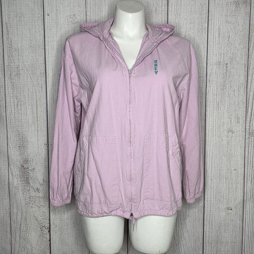 Obey Purple Pink Zip Up Hoodie Logo Sleeve Graphic, sz Large